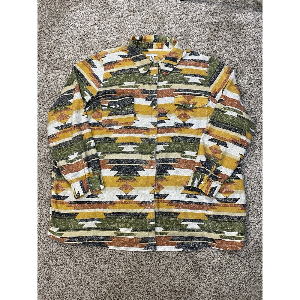 Canyon Retreat Shirt Womens 3XL Southwestern Aztec Shacket Pearl Snap Pocket QVC